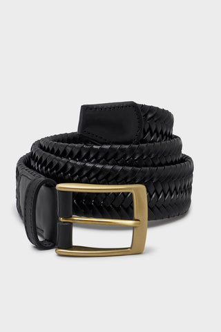 Black braided belt with a gold buckle on a light gray background