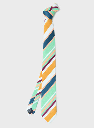 Silk/Linen Blend Green and Orange Como Dazzling Stripe Tie