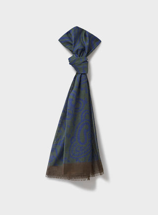Cotton & Cashmere Wool Green Navy Paisley Scarf