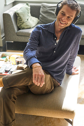 Recycled Basket Weave Navy Cut Away Popover Shirt