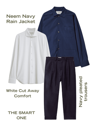 Set 2: Neem Navy Rain Jacket + White Comfort Shirt + Navy Soft Pleated Trousers Neem London 