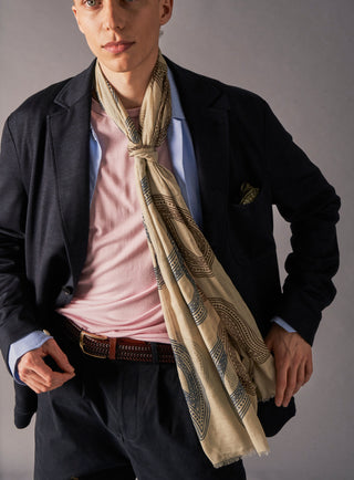 Cotton & Cashmere Wool Cream and Navy Paisley Neck Scarf