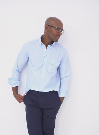 regenerative cotton sustainable menswear mens popover shirt sky blue overshirt 