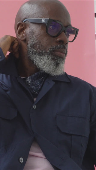 sustainable menswear mens navy overshirt with best tshirt white tshirt and neck scarfs london