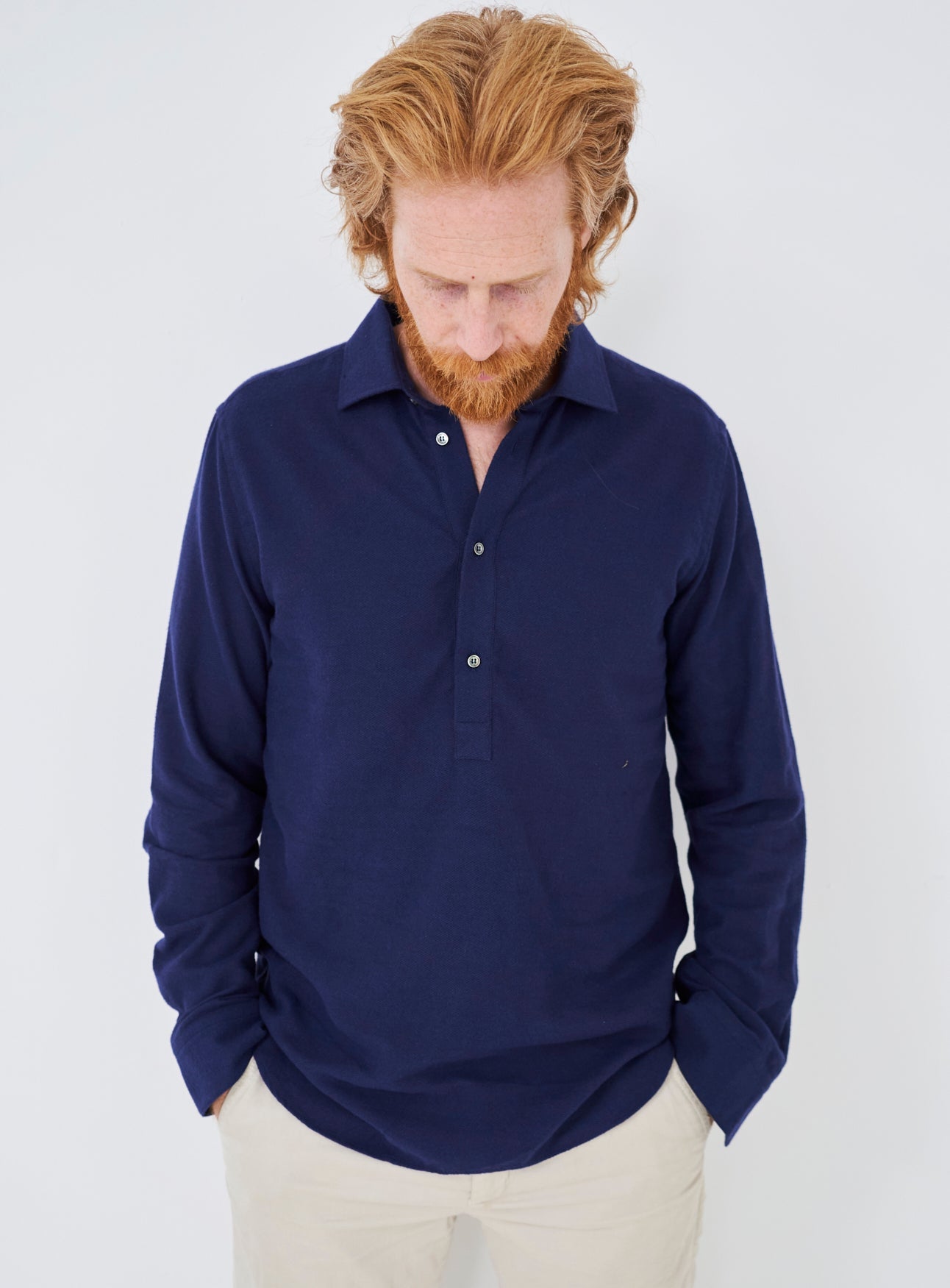 Recycled Italian Flannel Navy Cut Away Collar Popover Shirt – Neem