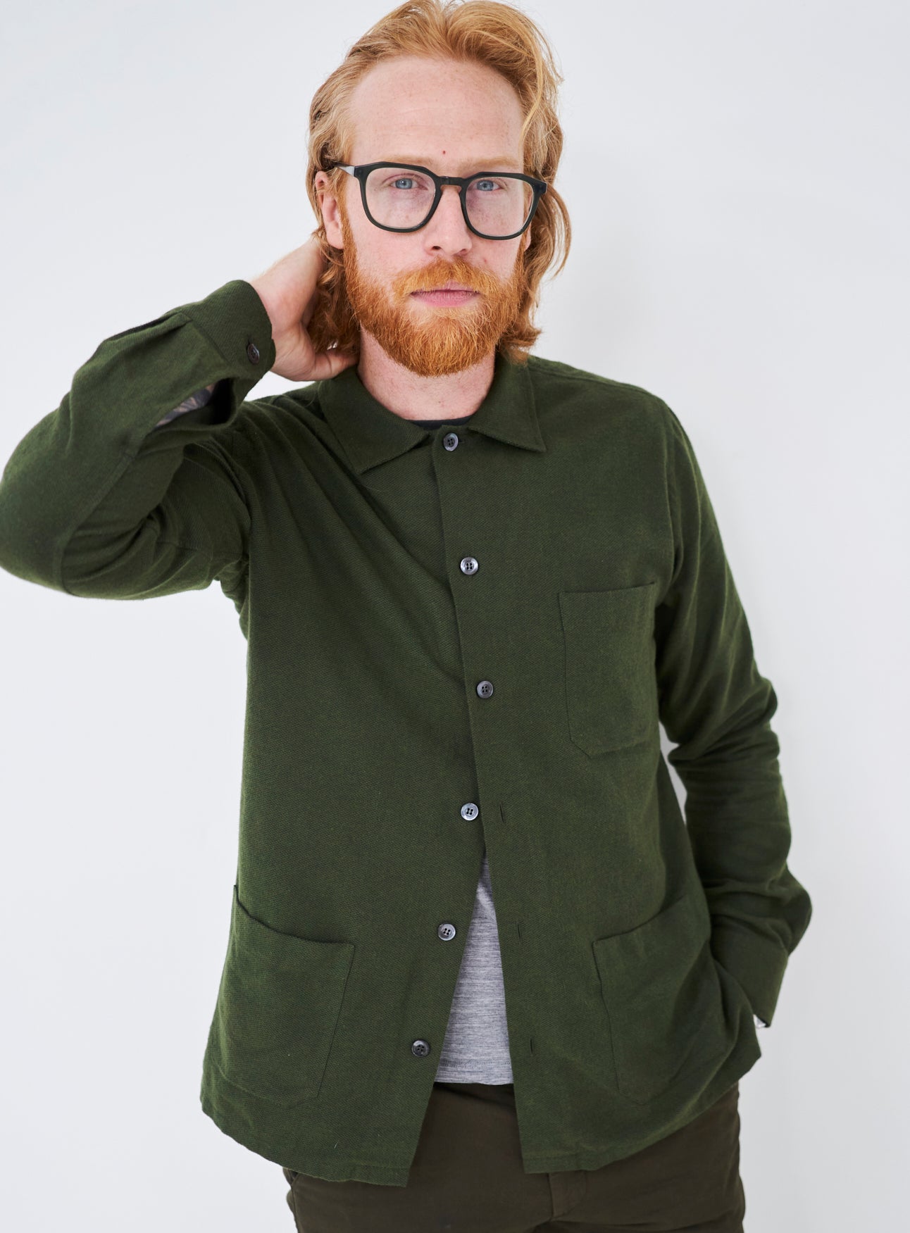green overshirt, recycled cotton